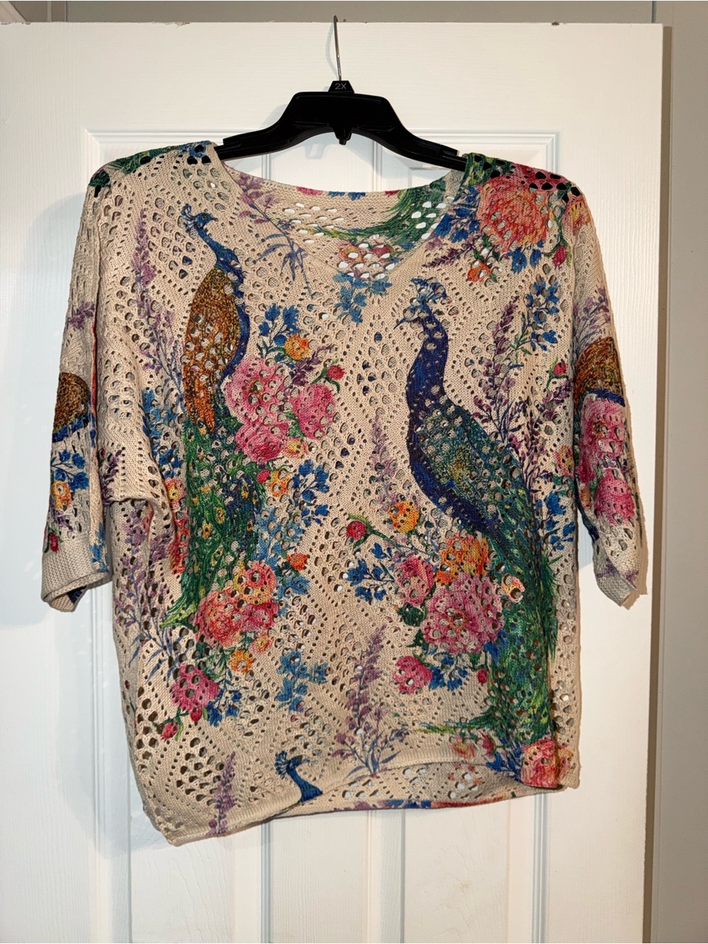 Vibrant Peacock Floral Open Pointelle Knit Sweater Top L-XL